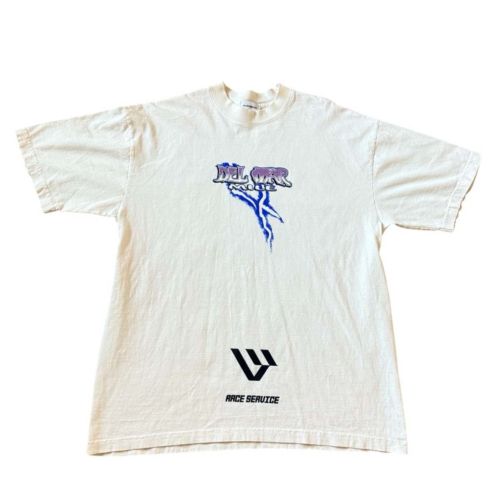 Race Service Mens Del Mar Mile Creamish Graphic Tee Size L 90s Streetwear Y2K